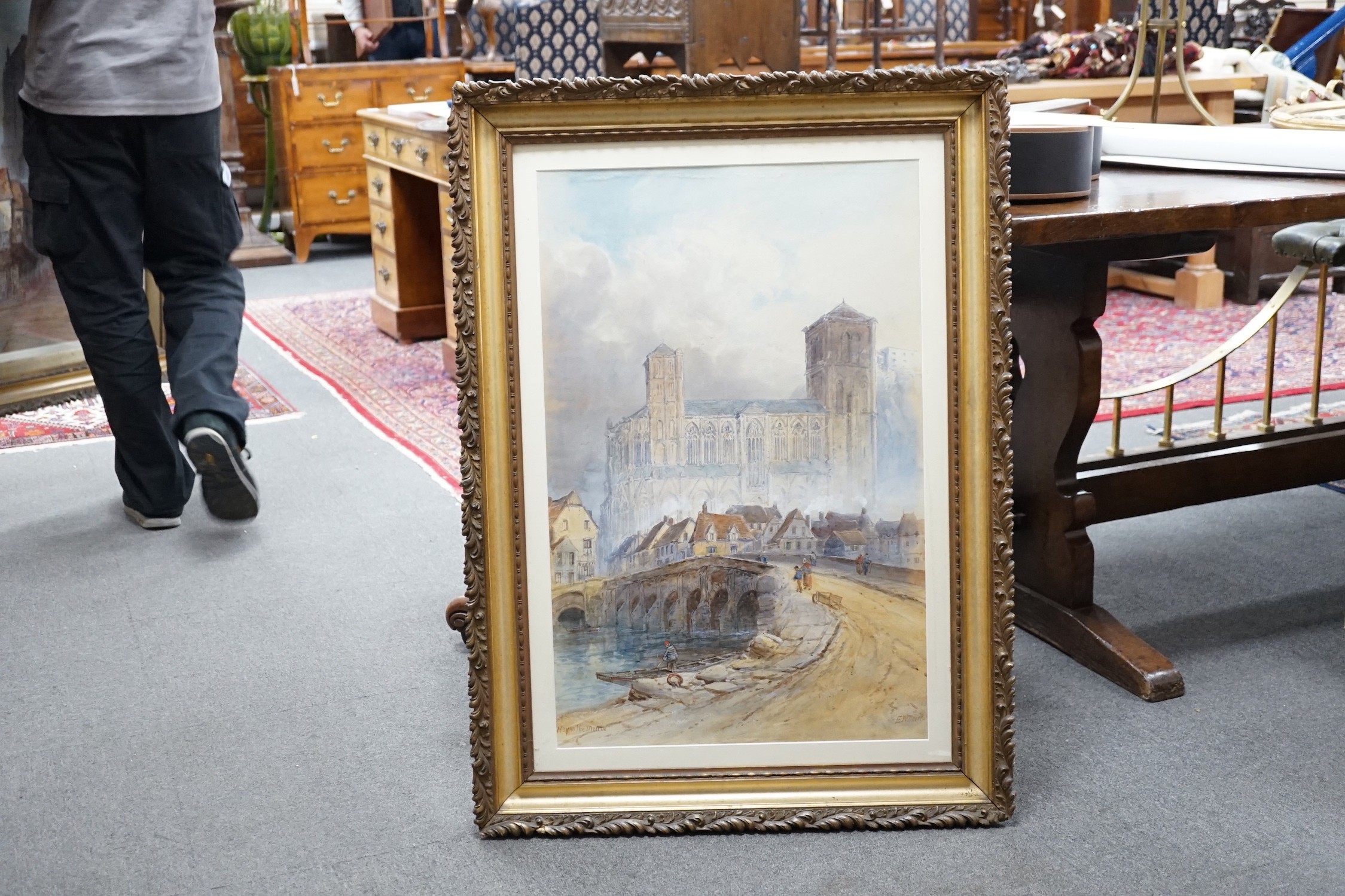 E. W. Nevil, pair of watercolours, 'Frankfort' and 'Huy on The Meuse', signed and titled, 75 x 48cm